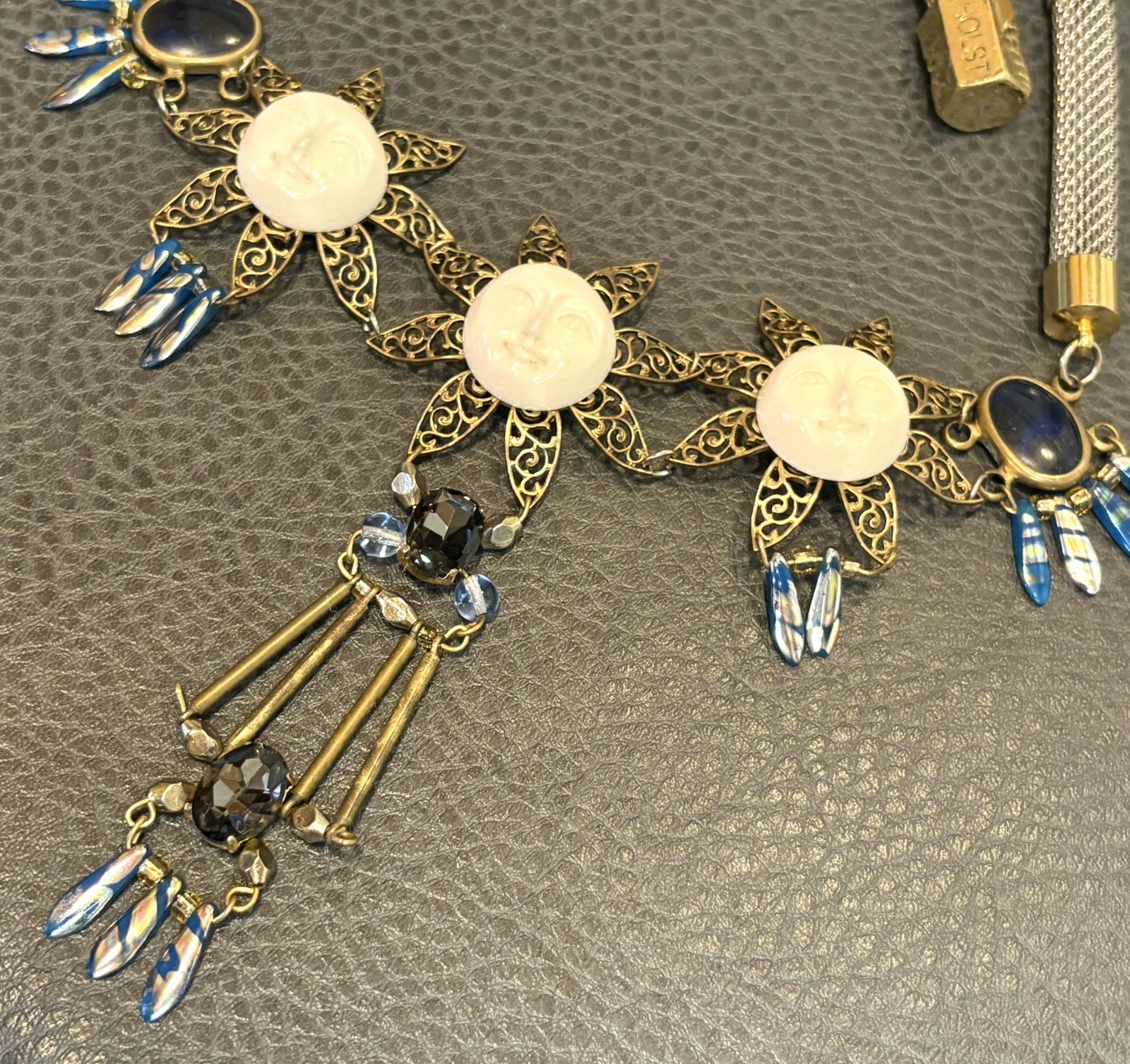 Holst + Lee Designer Celestial Sun Face Flower Chunky Necklace Gold Silver Tone