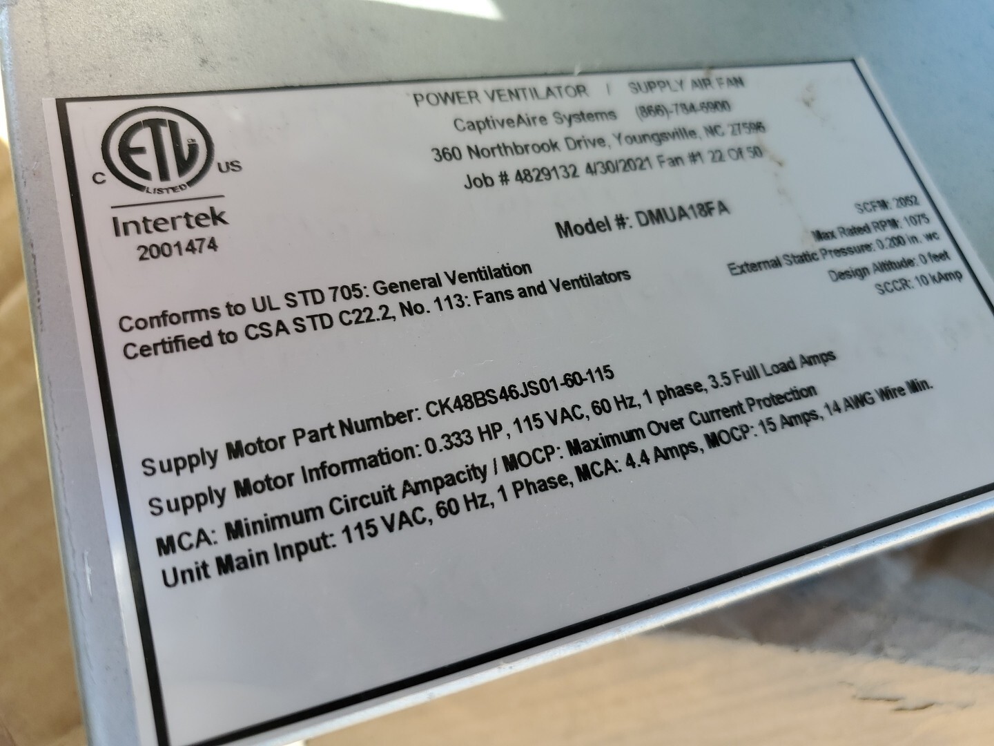 Captive Aire HSSA Motor CK48BS46JS01 Makeup Air Fan 1/3HP NEW (SEE DESCRIPTION)