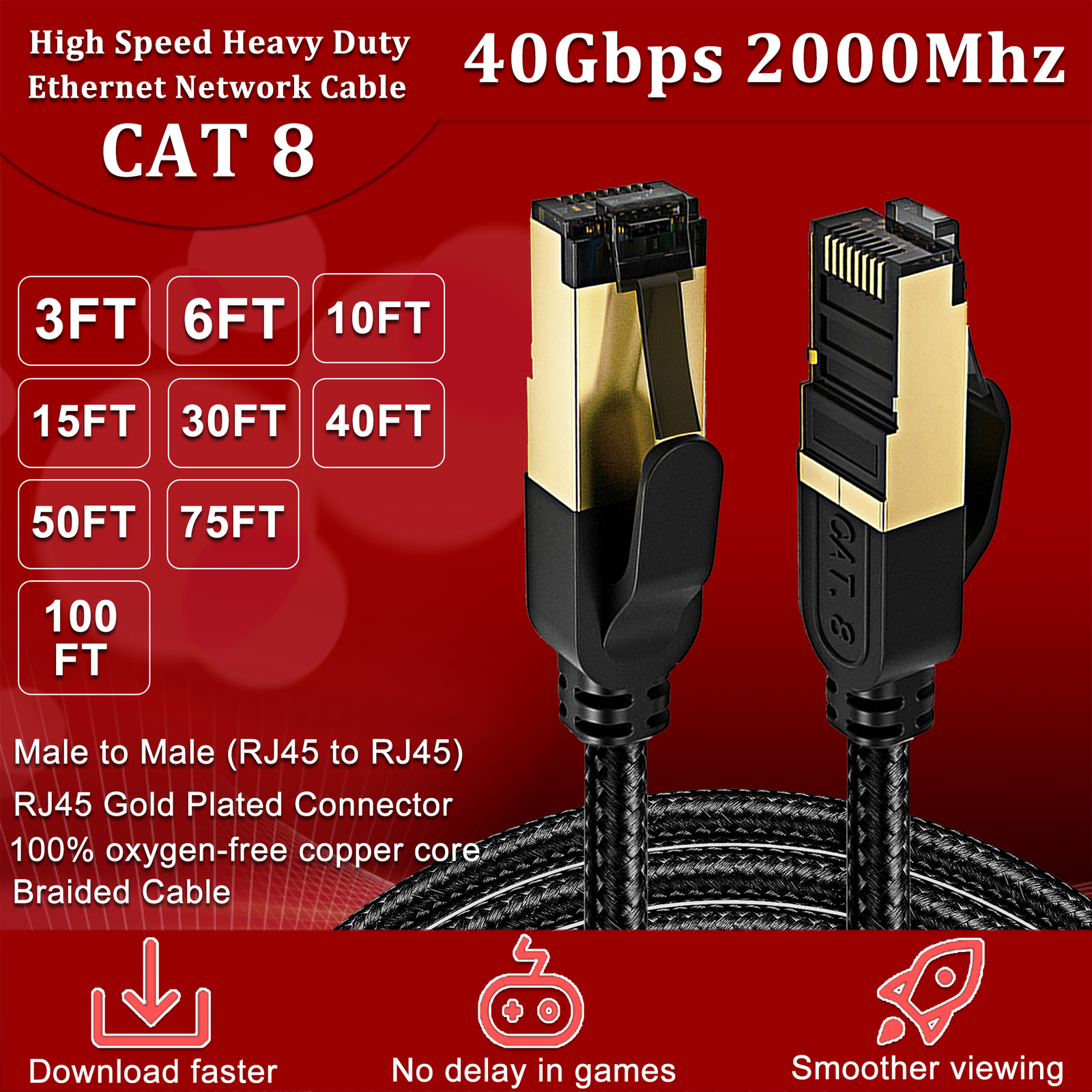 Cat 8 Ethernet Cable Braided 40Gbps 2000Mhz CAT8 Network Cord RJ45 LAN Cables