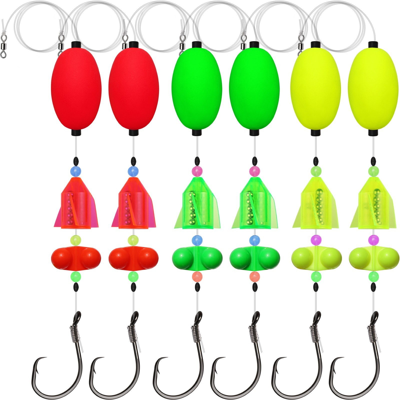Dovesun 6PCS Catfish Rigs with Oval Float, 8/0 Hook, Double Rattle Beads & Bells