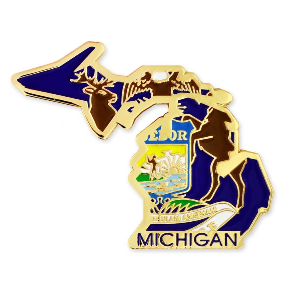 PinMart's State Shape of Michigan  and Michigan Flag Lapel Pin