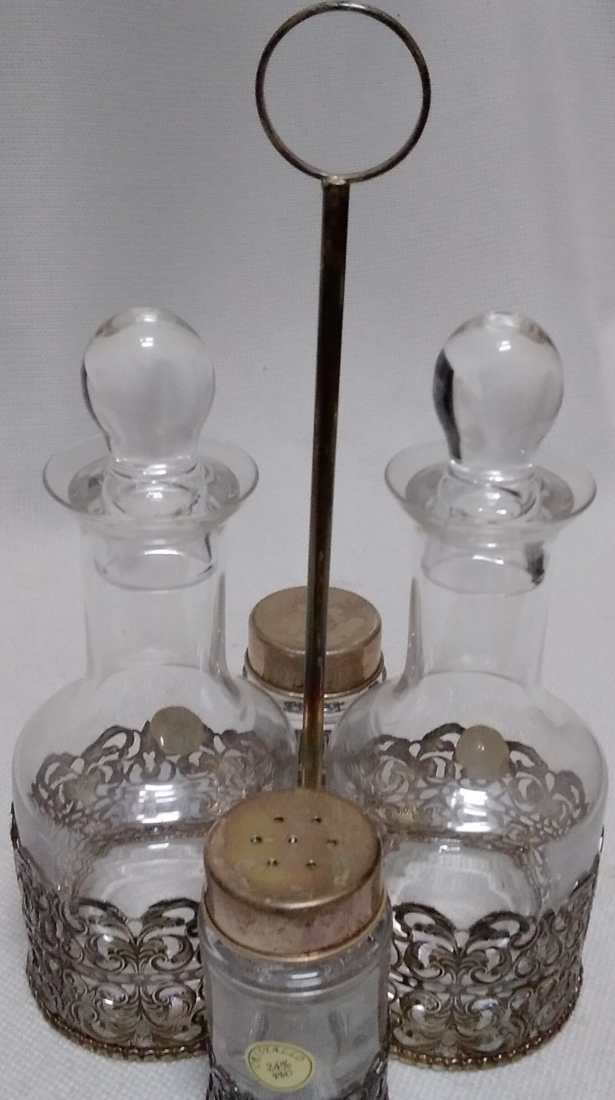 Italian 925 Cutout Sterling Silver and Fine Crystal Vessels Condiment Caddy