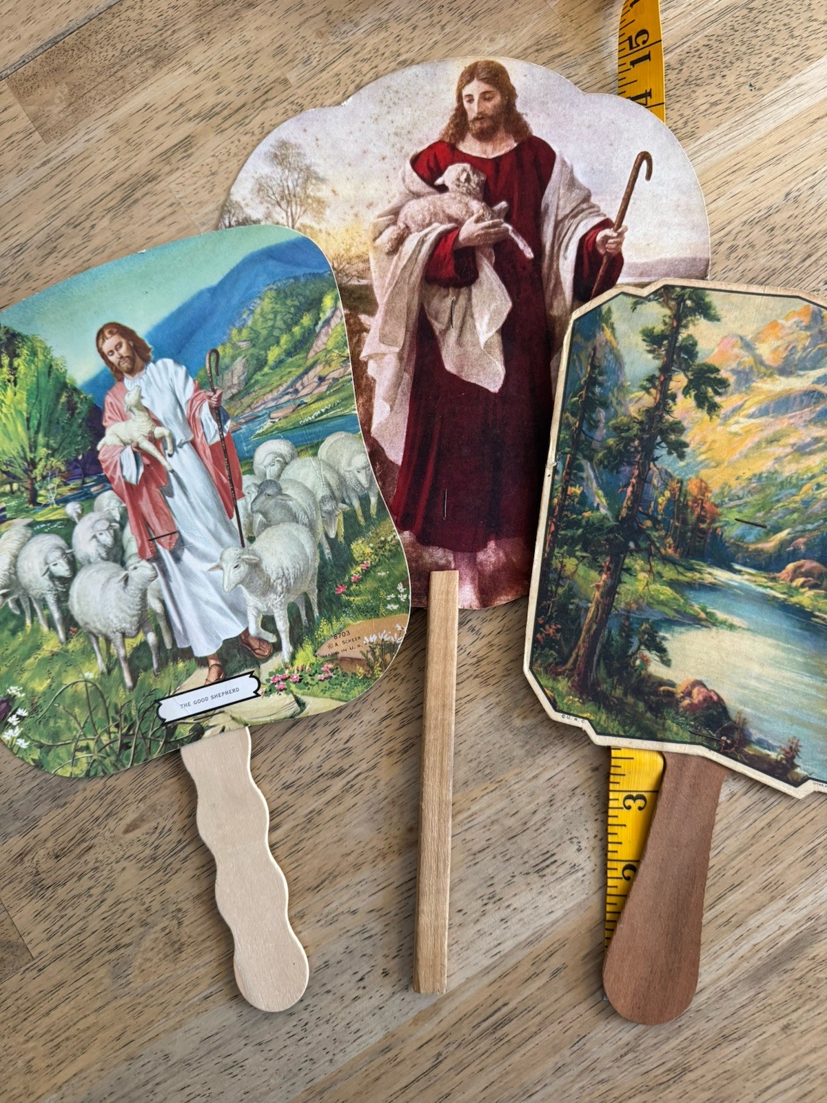5 Vintage Hand Fans Grocery 1936 Church 1981 Jeweler VA Religious Hand Fans