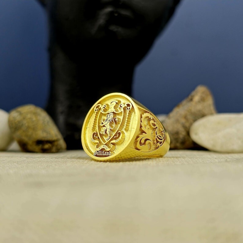 Custom Gold Plated Crest Ring for Men - Engraved Coat of Arms Signet Jewelry