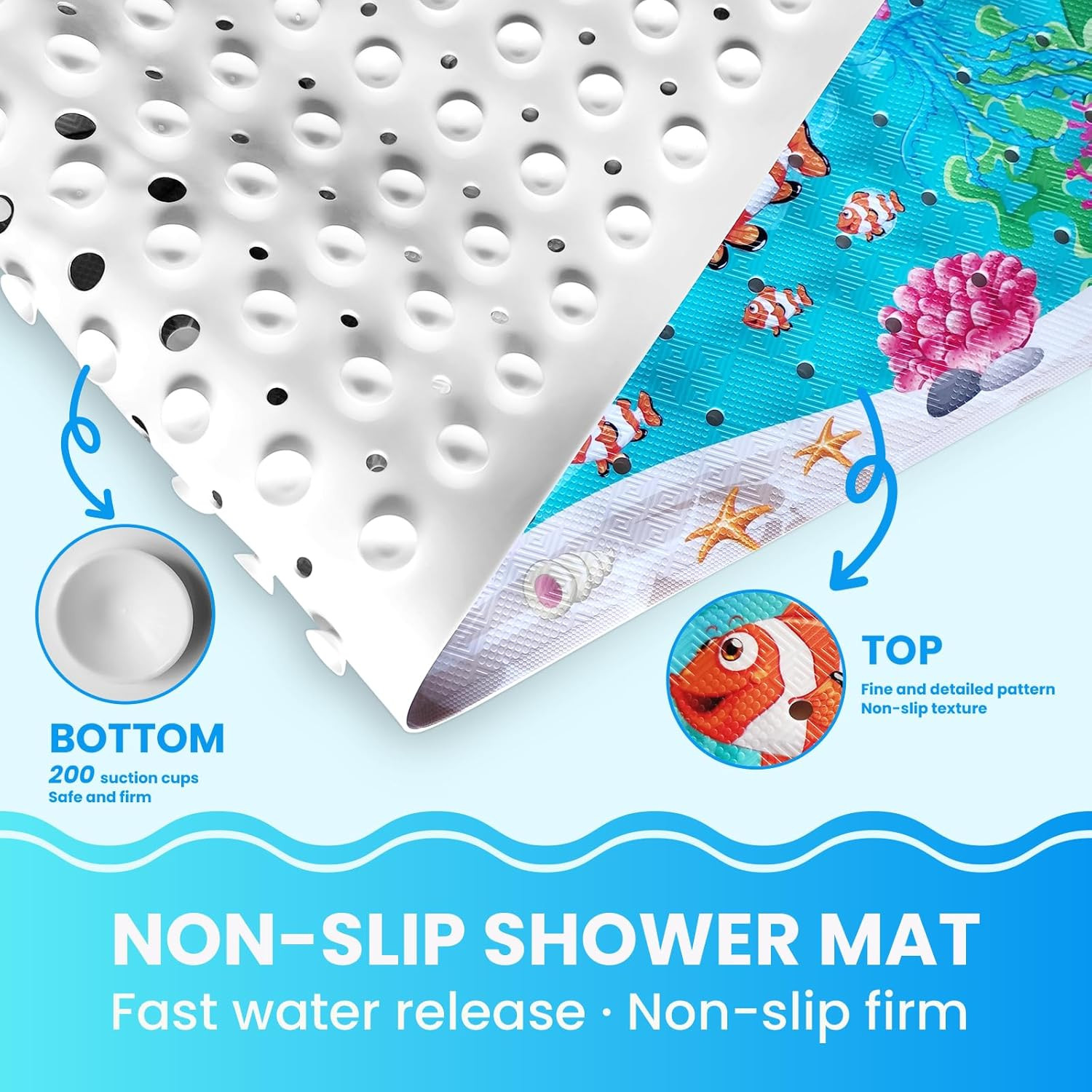 Baby Bath Tub Mat, 40 X 16 Inch Extra Large Non Slip Kids Cartoon Bathtub Shower