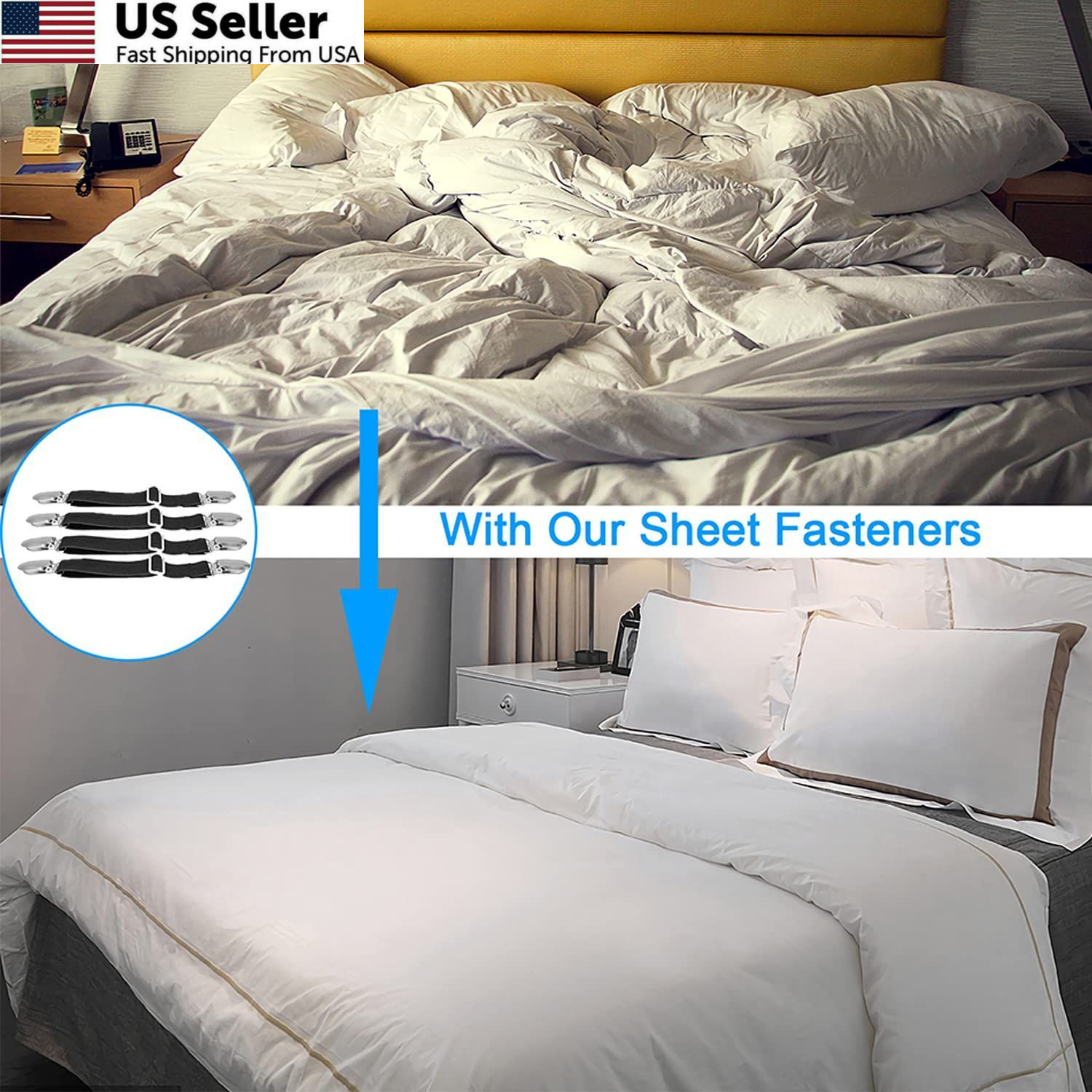 BetyBedy 4Pcs Adjustable Bed Sheet Fasteners Elastic Straps Clips FROM USA