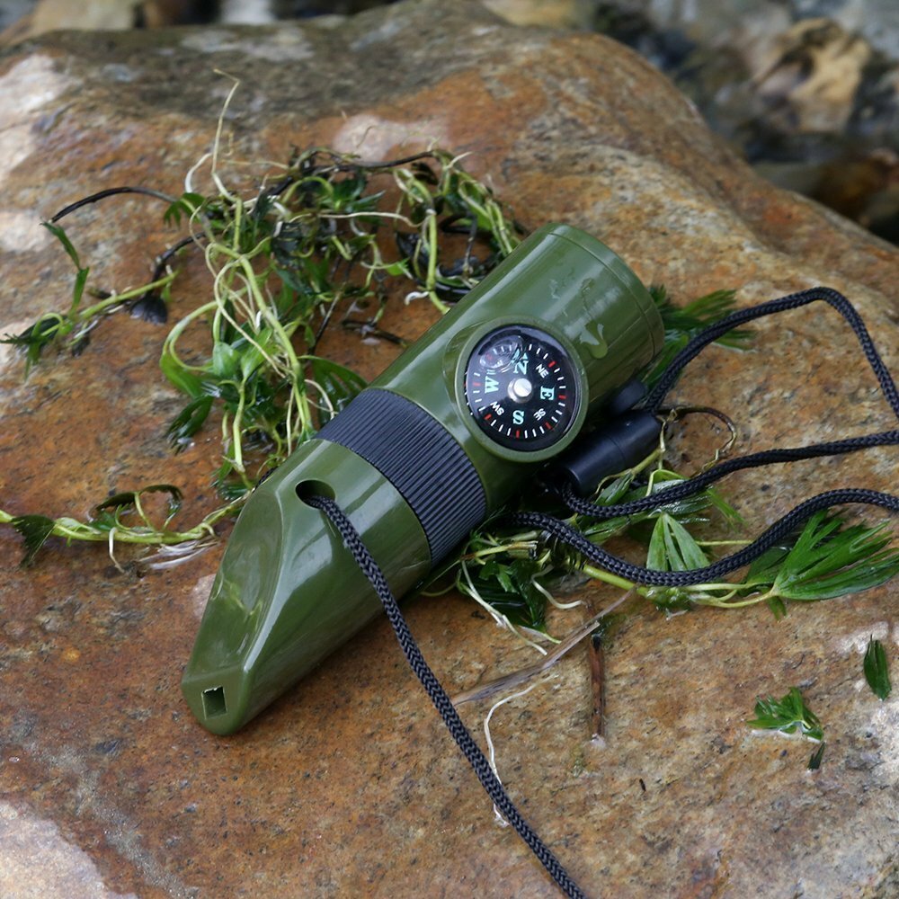7-in-1 Military Emergency Survival Whistle Kit - Compass, LED Light, Thermometer