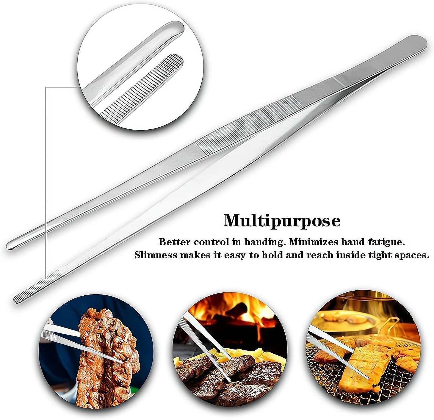 2Pcs Stainless Steel Kitchen Tweezers, 10-Inch Culinary Fine Tweezer Tongs Food.