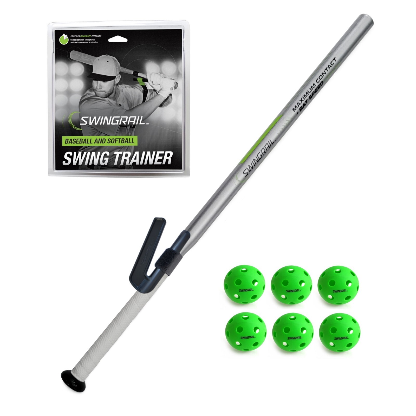 SWINGRAIL Swing Trainer + Speed Training Bat + 6 Balls