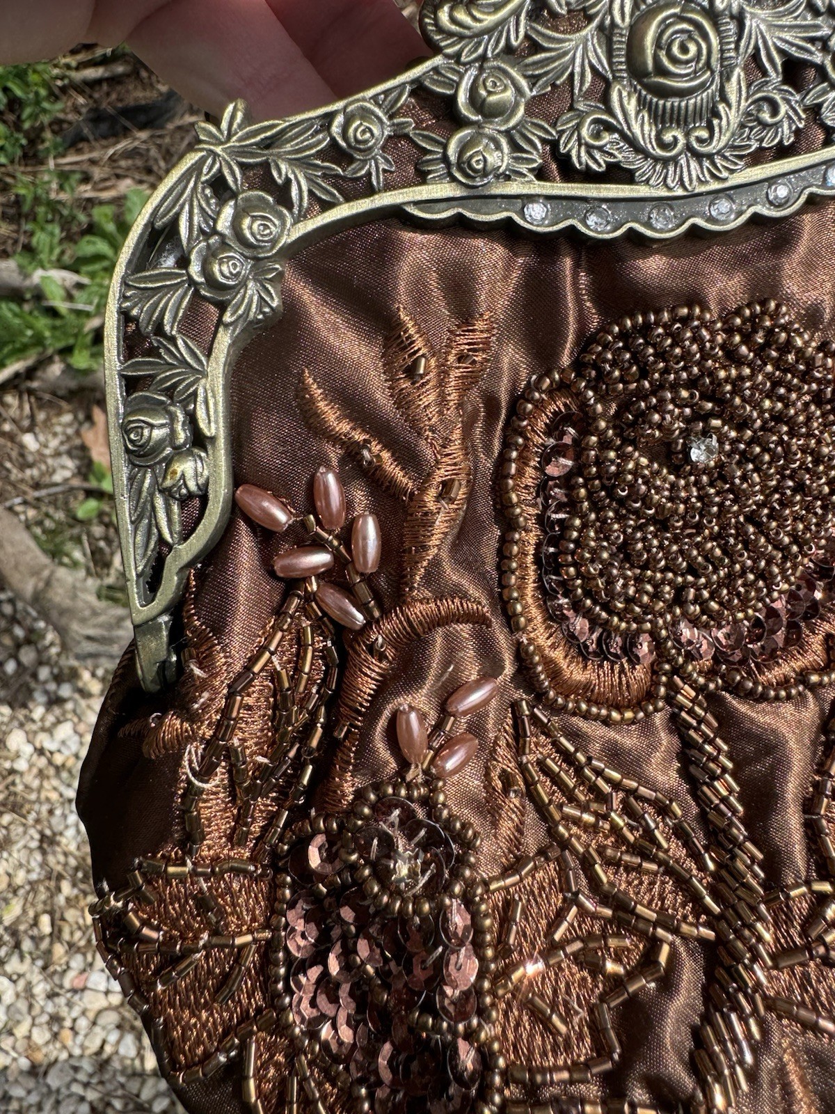 Vintage Beaded Evening Bag Brown Kiss Lock Closure Bronze Metal