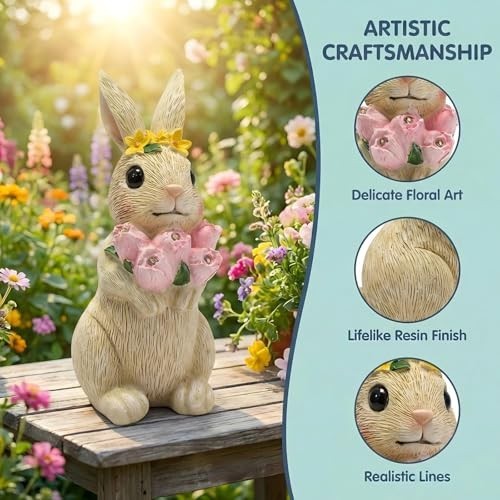 Solar Garden Rabbit Statue with Flowers & 5 LED Lights - Outdoor Yard Decor, Uni