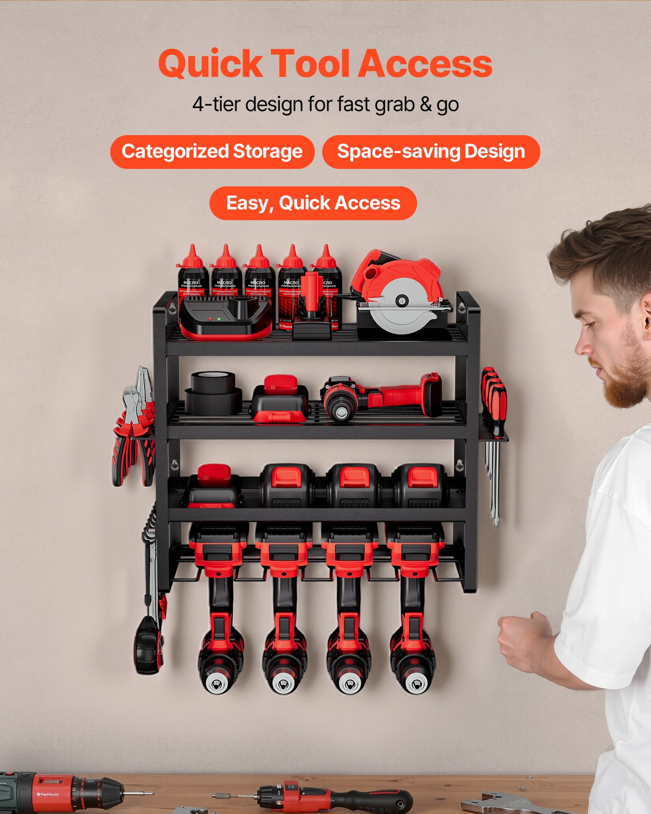 VEVOR Power Tool Organizer Wall Mount 4-Layer Drill Storage Rack 4 Drill Holders