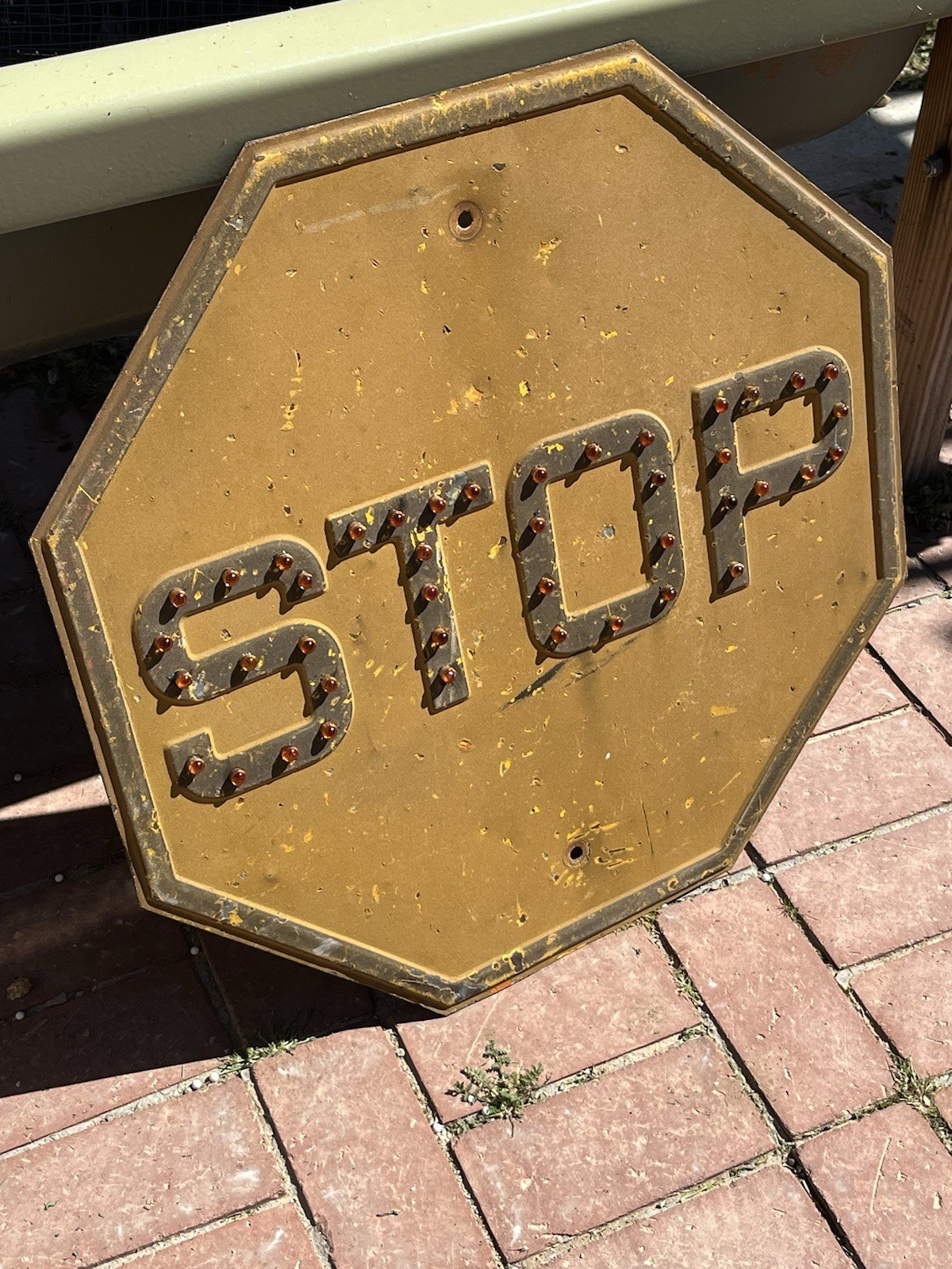 Vintage Early Yellow Stop Sign Embossed Steel Heavy 24" × 24" Cat Eyes