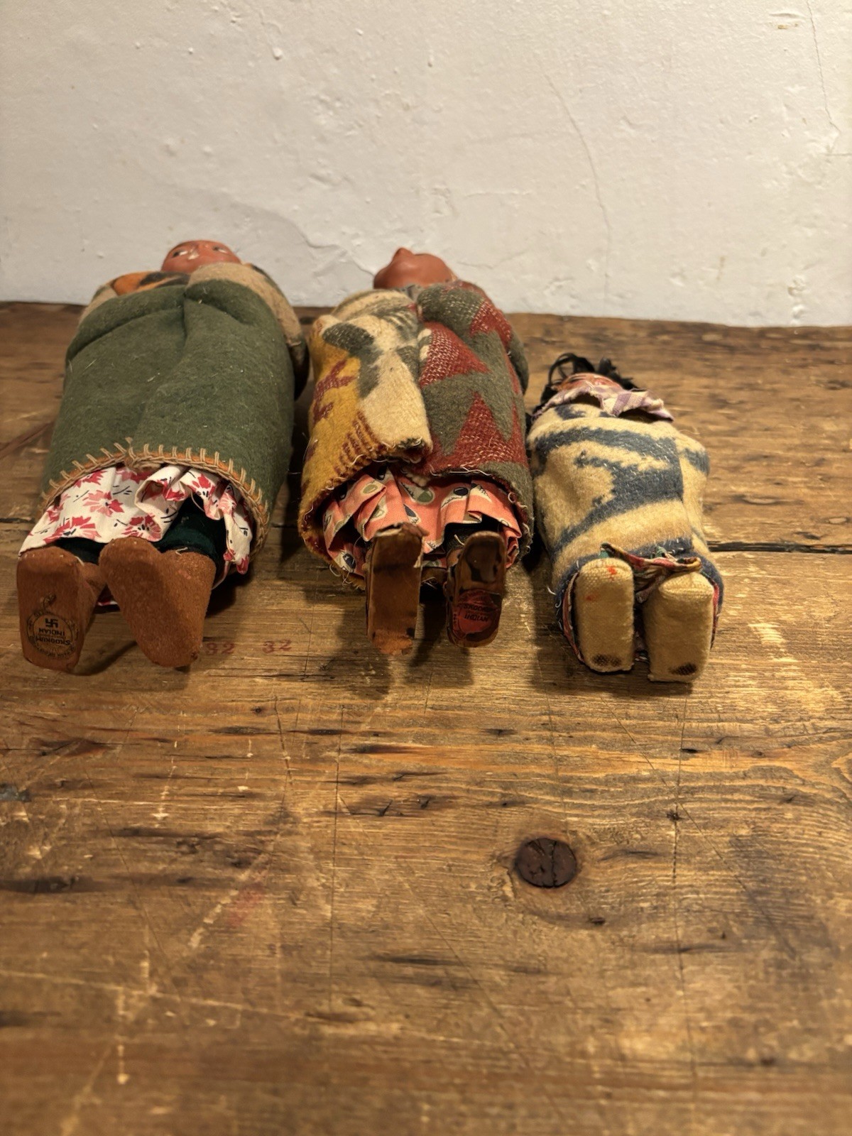 Antique 1920s Skookum Indian Dolls Set of 3 Whirling Log Swastika Bully Good