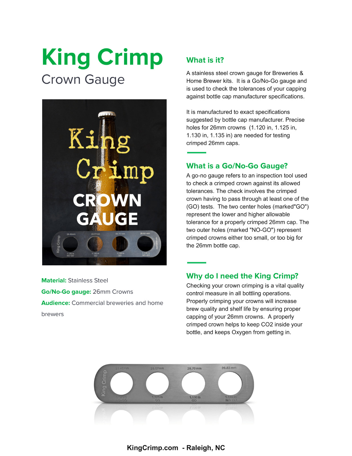 Capping Gauge For 26 Mm Beer Bottles, stainless steel go/no-go crimping gauge