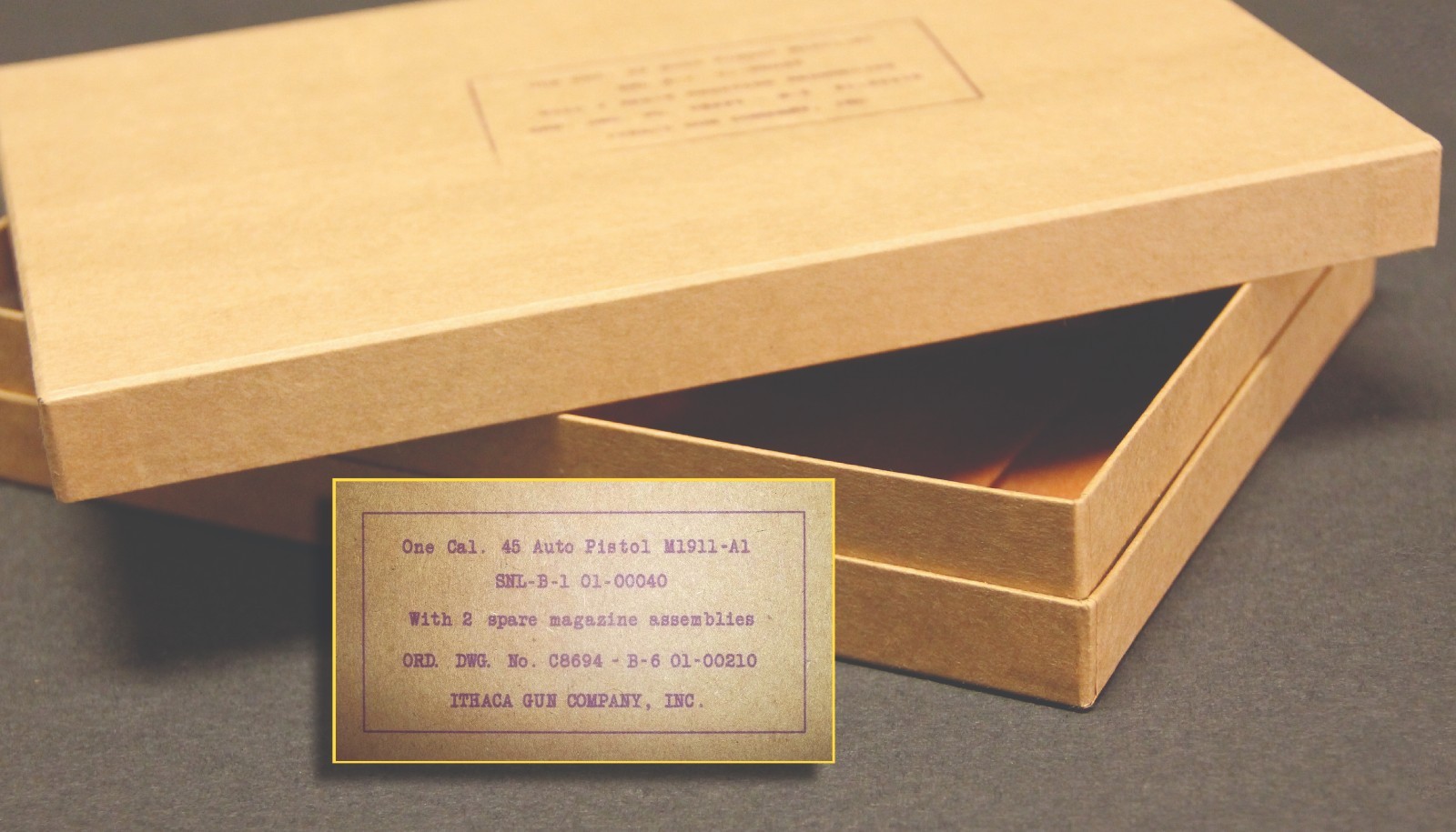 MIL SPEC USGI Kraft box for 1911A1 ITHACA Pistol WW2 with wax paper wrap