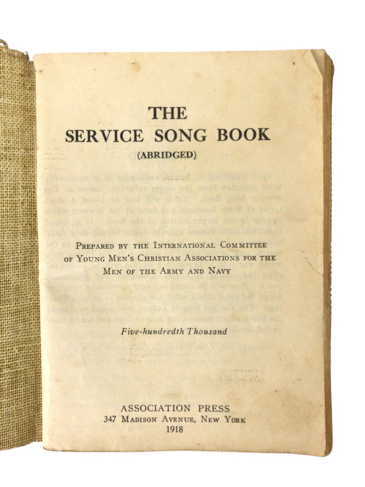 The Service Song Book - YMCA Pocket-Sized Booklet for WWI Soldiers 1918