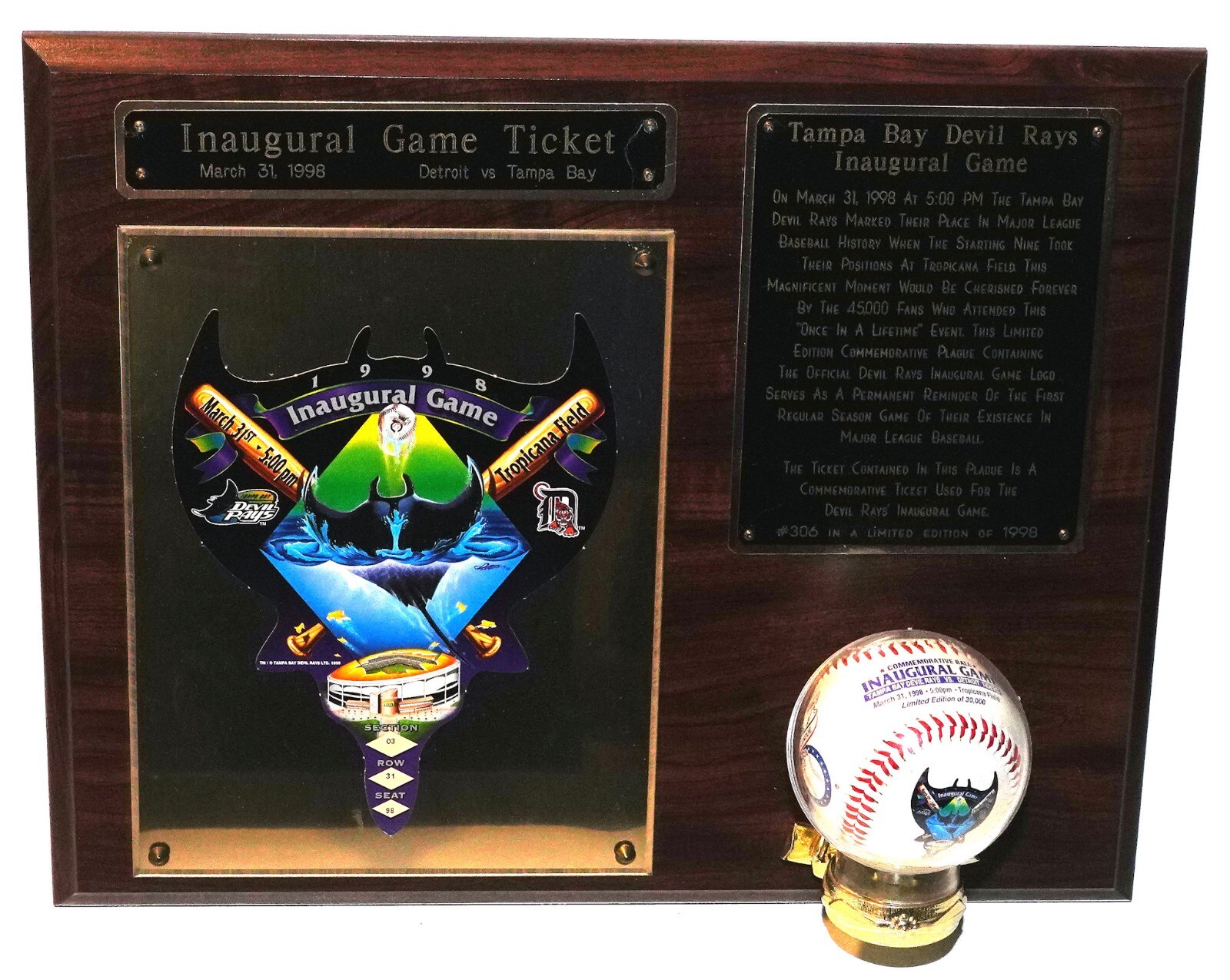 RARE TAMPA BAY DEVIL RAYS INAUGURAL GAME TICKET BASEBALL WALL PLAQUE 306 of 1998
