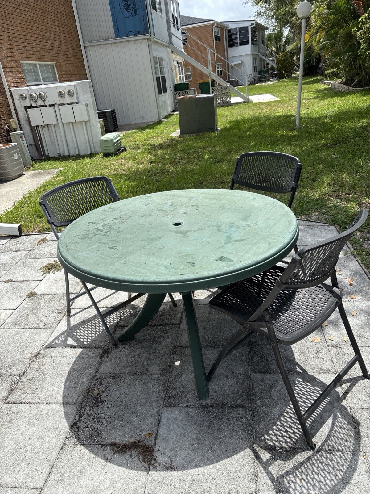 Green Round Patio Table & 4 Black Metal Chairs Set with Umbrella Hole