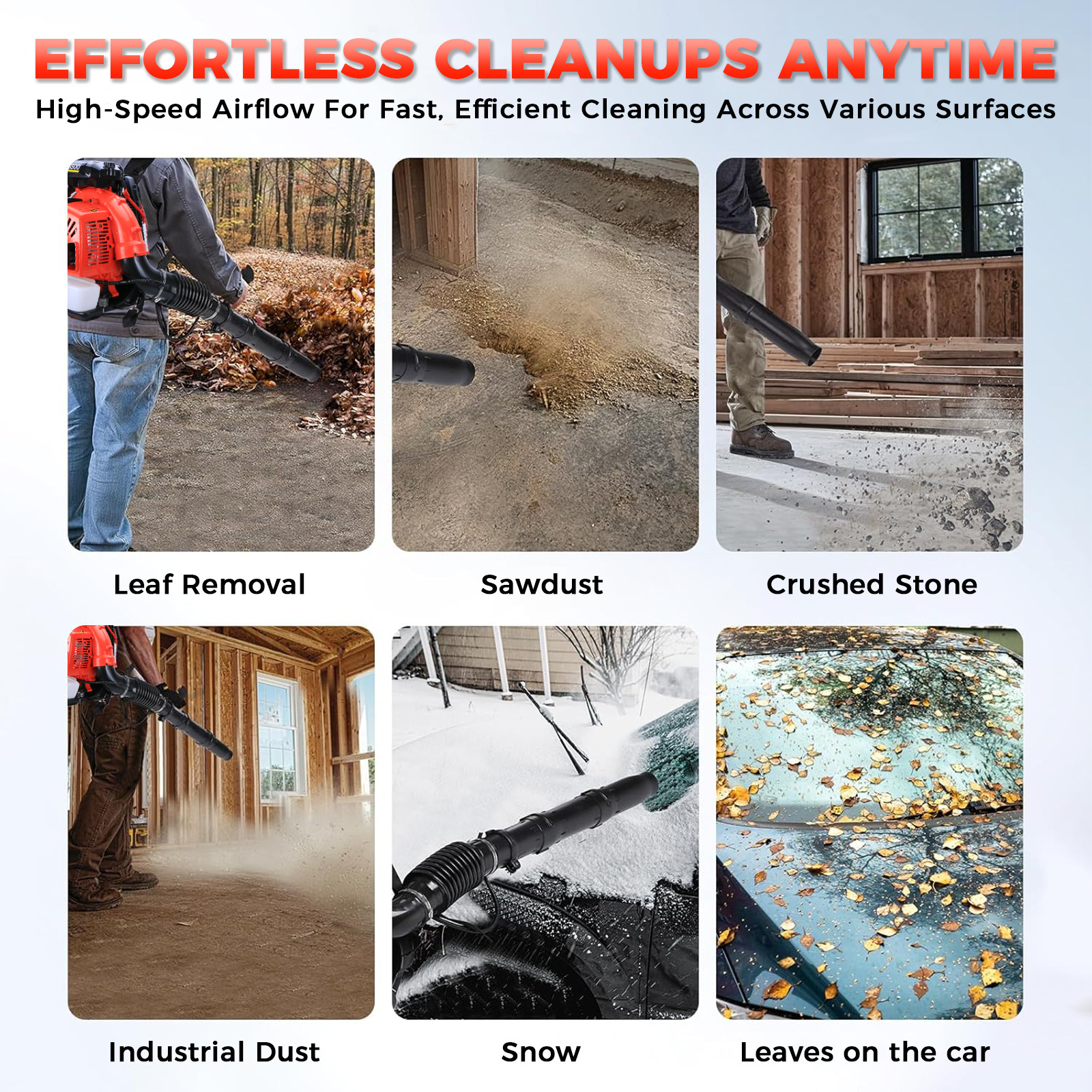 Commercial Backpack Leaf Blower Snow Blowers 75.6CC 2-Stroke Gas Powered 907CFM