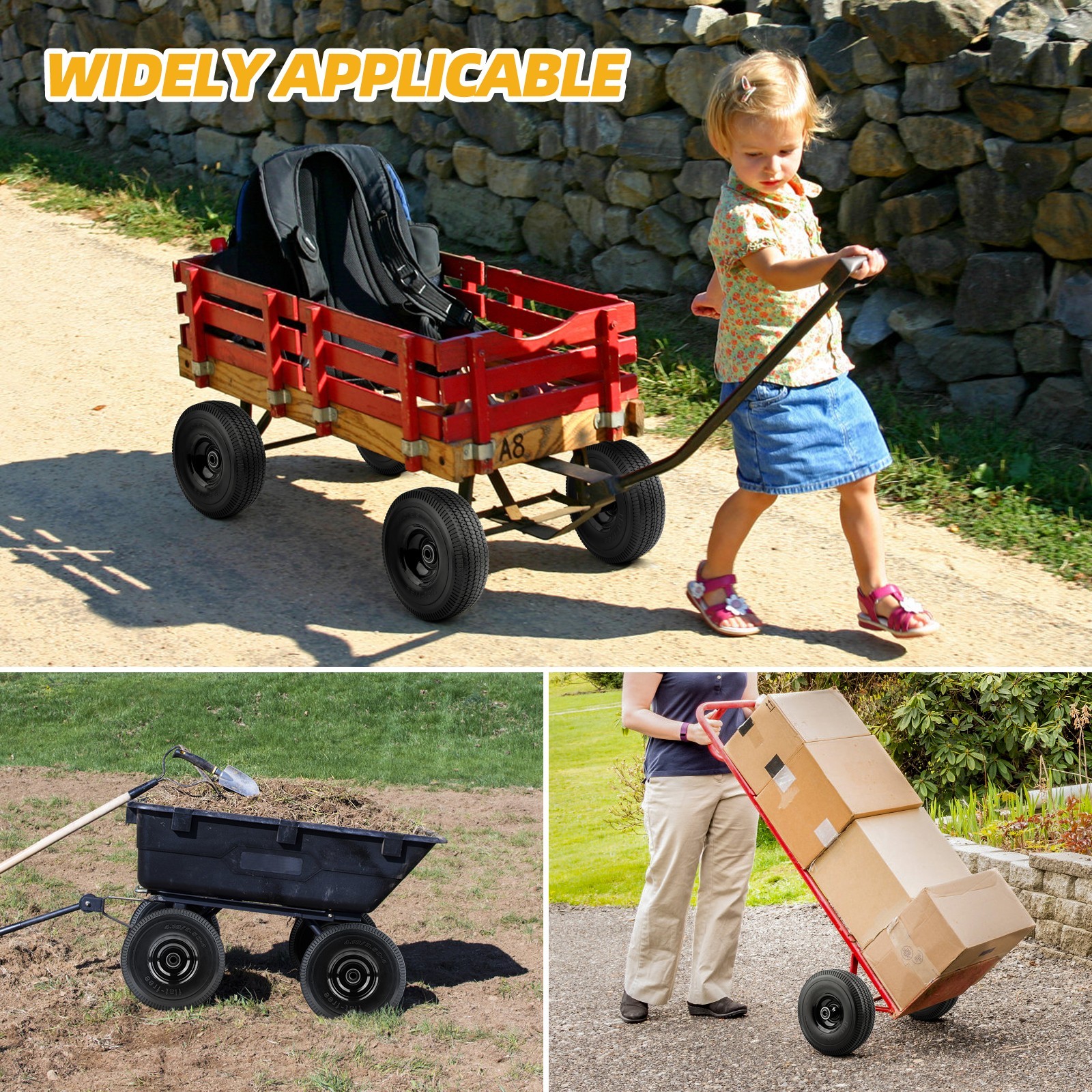 4PCS Upgrade 4.10/3.50-4 Flat Free Solid Rubber Tire and Wheel, 10" Solid Tires