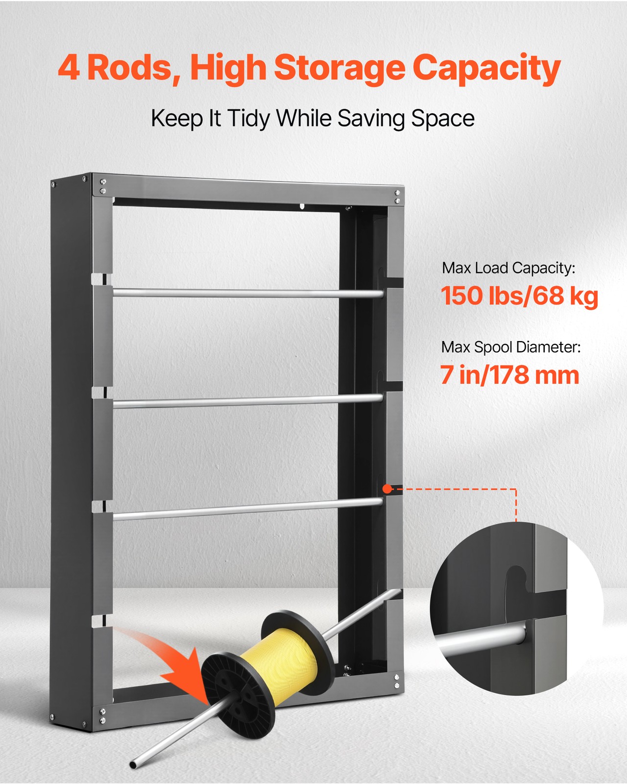 VEVOR Wire Spool Rack 4Adjustable Rods Spool Holder Wall Mounted 150lbs Capacity