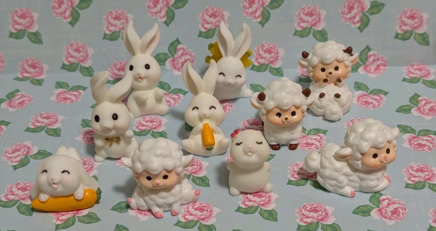 10 Miniature Bunny Rabbit Lambs Figures 1"-1.5