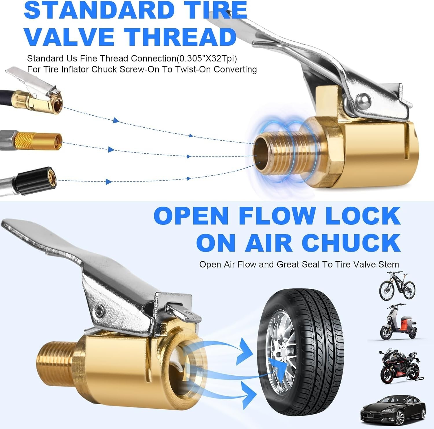 2Pcs Locking Tire Air Chuck,Brass Tire Inflation Hose Adapter,Tire Nozzle with T