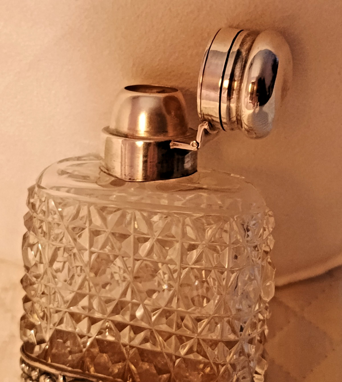 Vintage Crystal Flask w/ Sterling Silver Cup w 3D Repousse & Bayonet Mount Cup