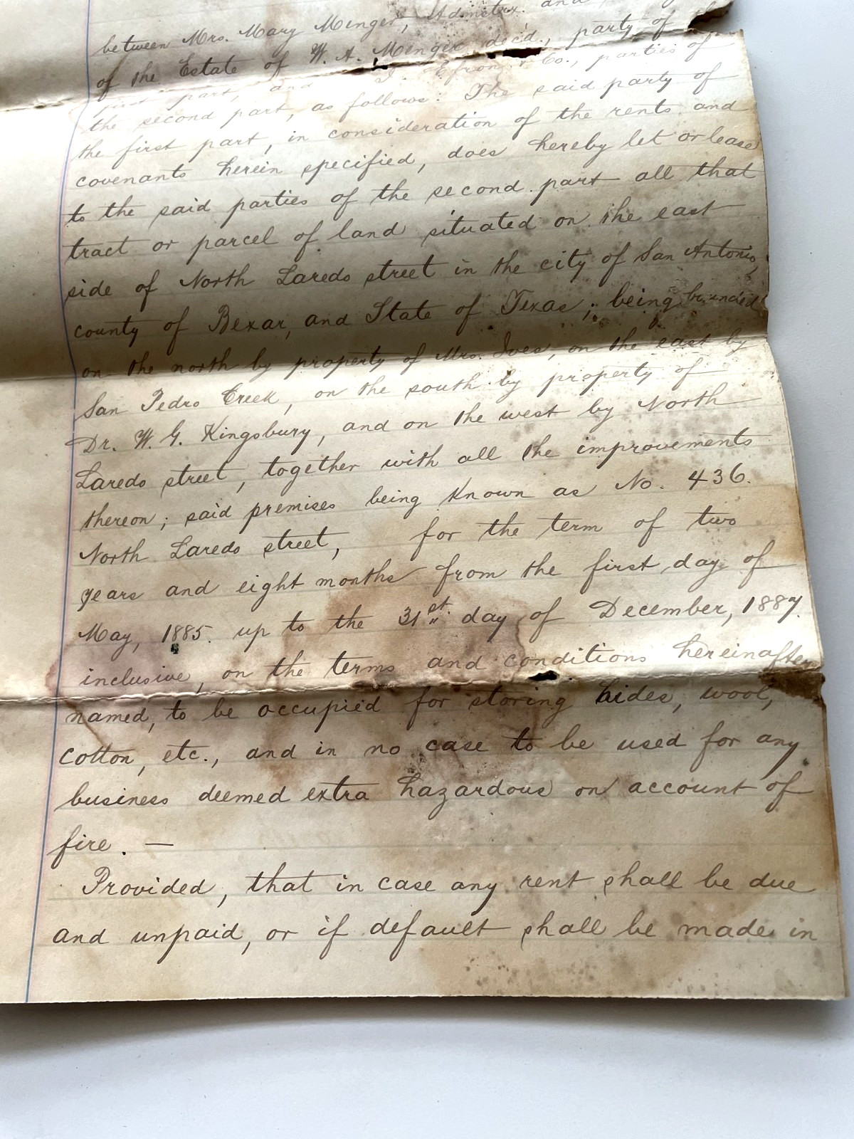 1885 San Antonio Texas Lease Document Mary Menger East Side North Laredo Street