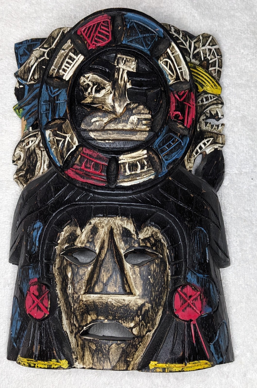 Vintage Mayan Aztec Tribal Mask Hand Carved Wood Warrior Jaguar 11.5"x7.5"