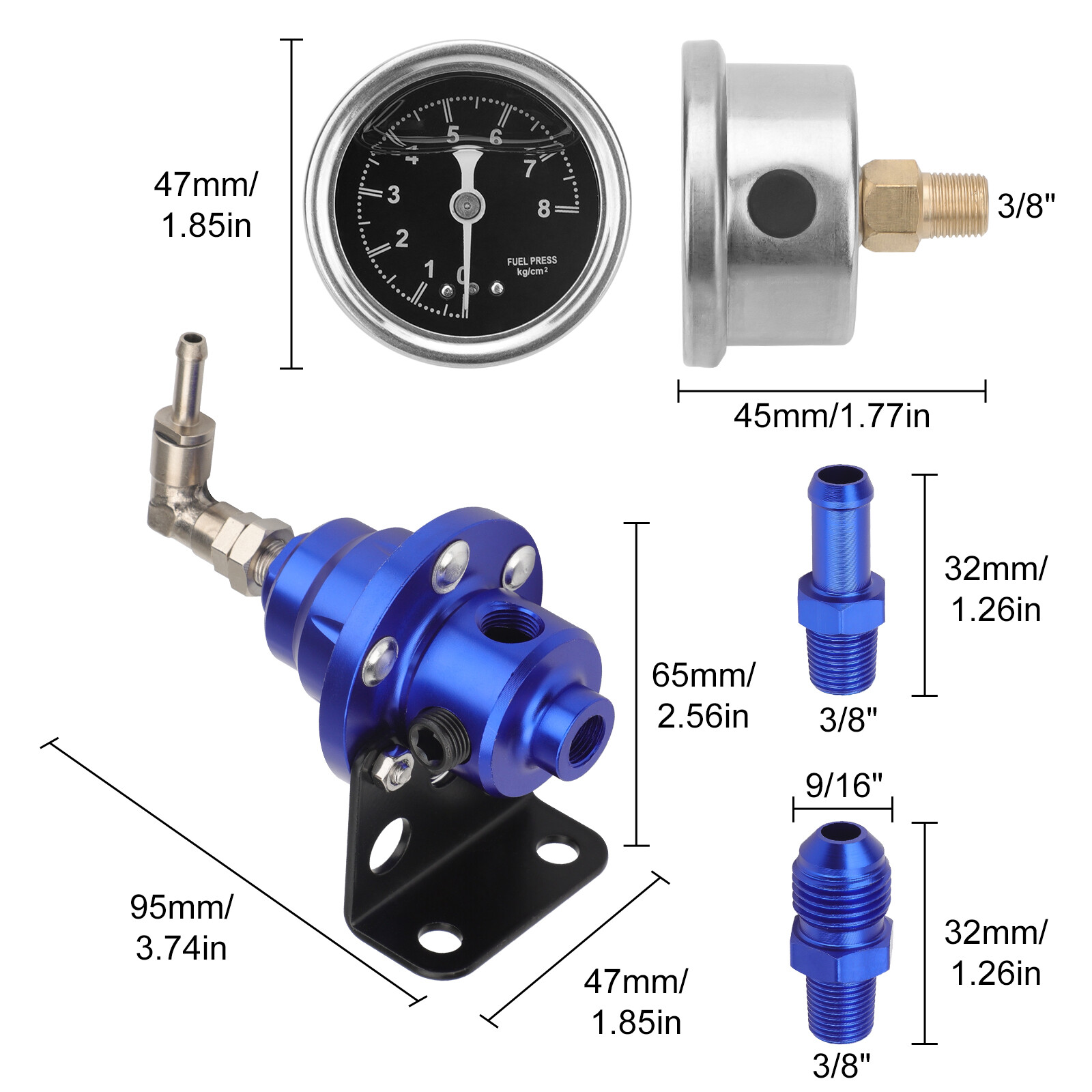 Adjustable Fuel Pressure Regulator Gauge Kit Universal Vehicle Refitting 160 psi