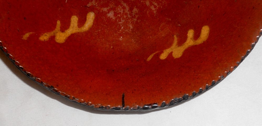 Antique 8.5 Inch Lead Glazed Yellow Slip Decorated Redware Plate Southeastern PA