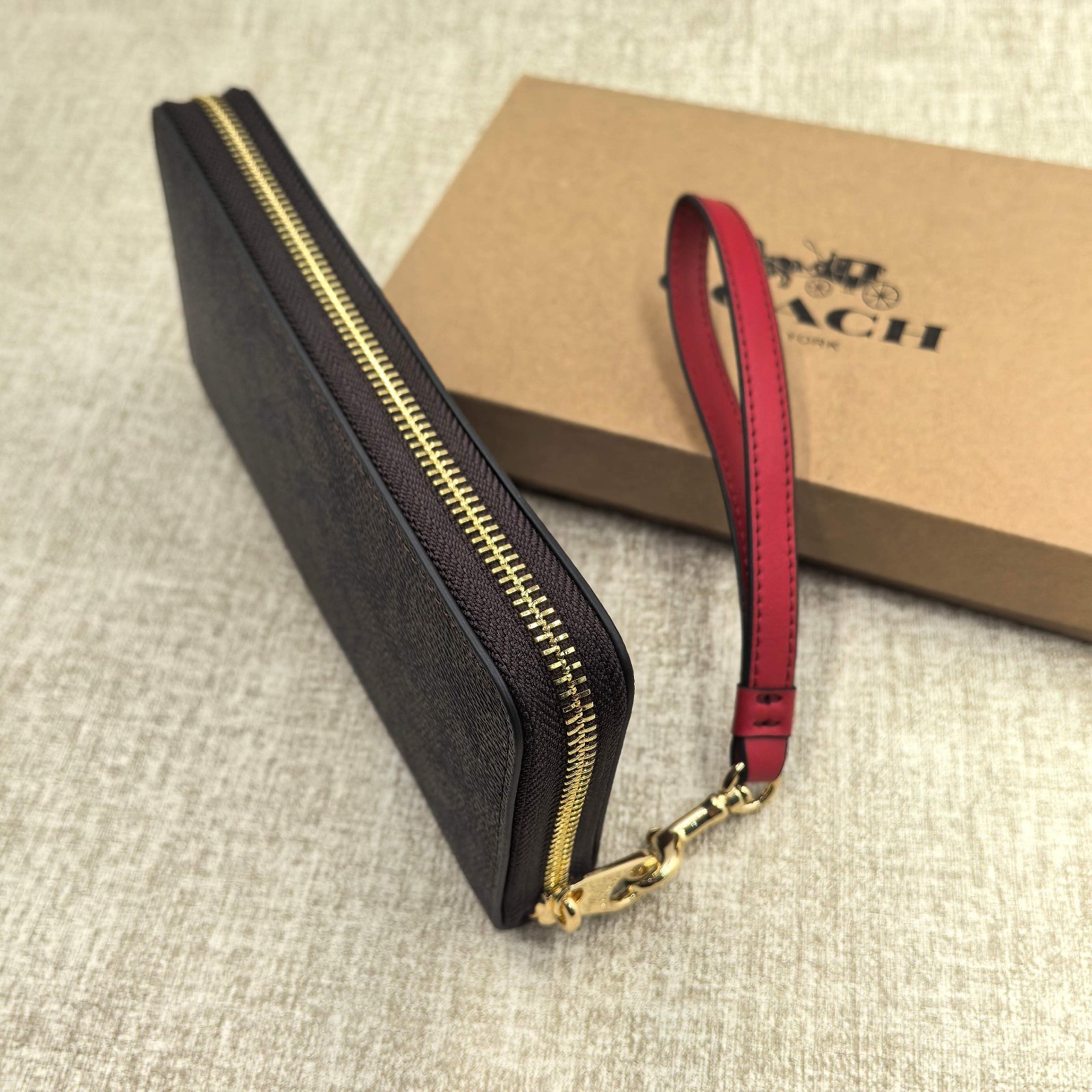 New Coach CW778 Long Zip Around Wallet in Signature Canvas Walnut and Bold Red