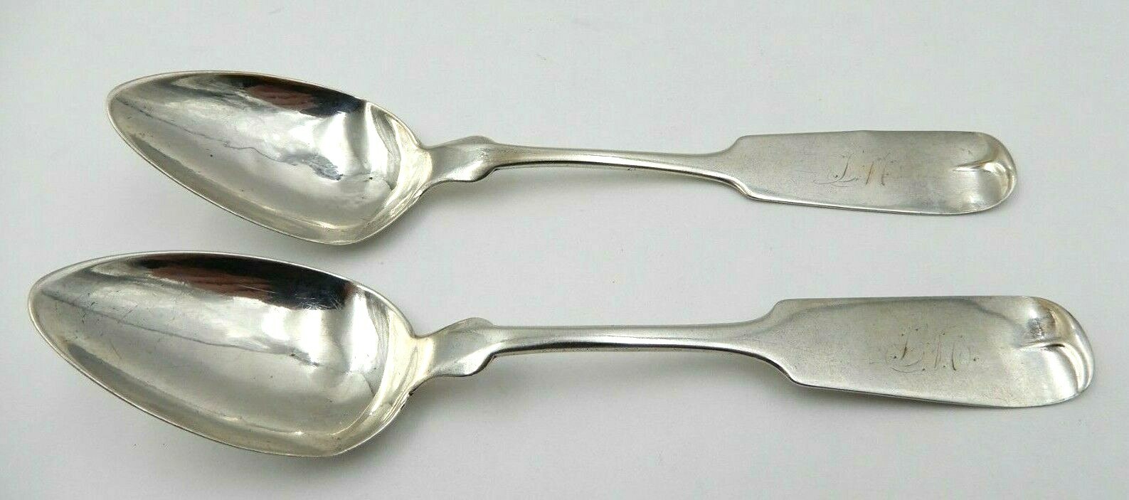 ANTIQUE SET OF TWO E.S. HUNTINGTON CO. (CT) MONOGRAMMED COIN SILVER SPOONS