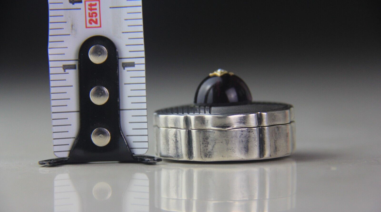 German 800 Silver Round Pill Box w/ Round Amethyst Cabochon & Seed Pearl on Lid