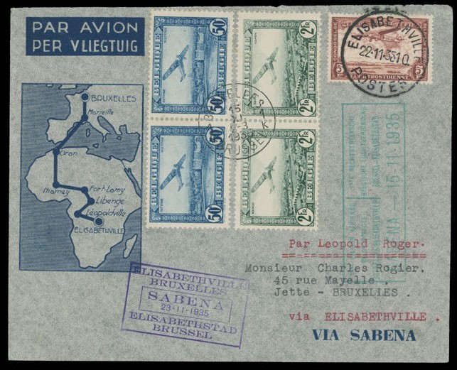 1935 BELGIUM PIONEER SABENA ROUND FLIGHT COVER BRUSSELS-ELIZABETHVILLE-BRUSSELLS
