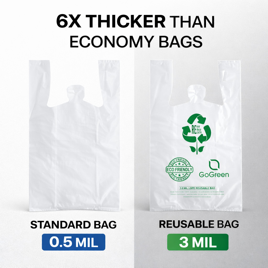 Clear Plastic T-Shirt Grocery Bags 3 Mil Heavy Duty Reusable 1/6 21x6.5x11.5