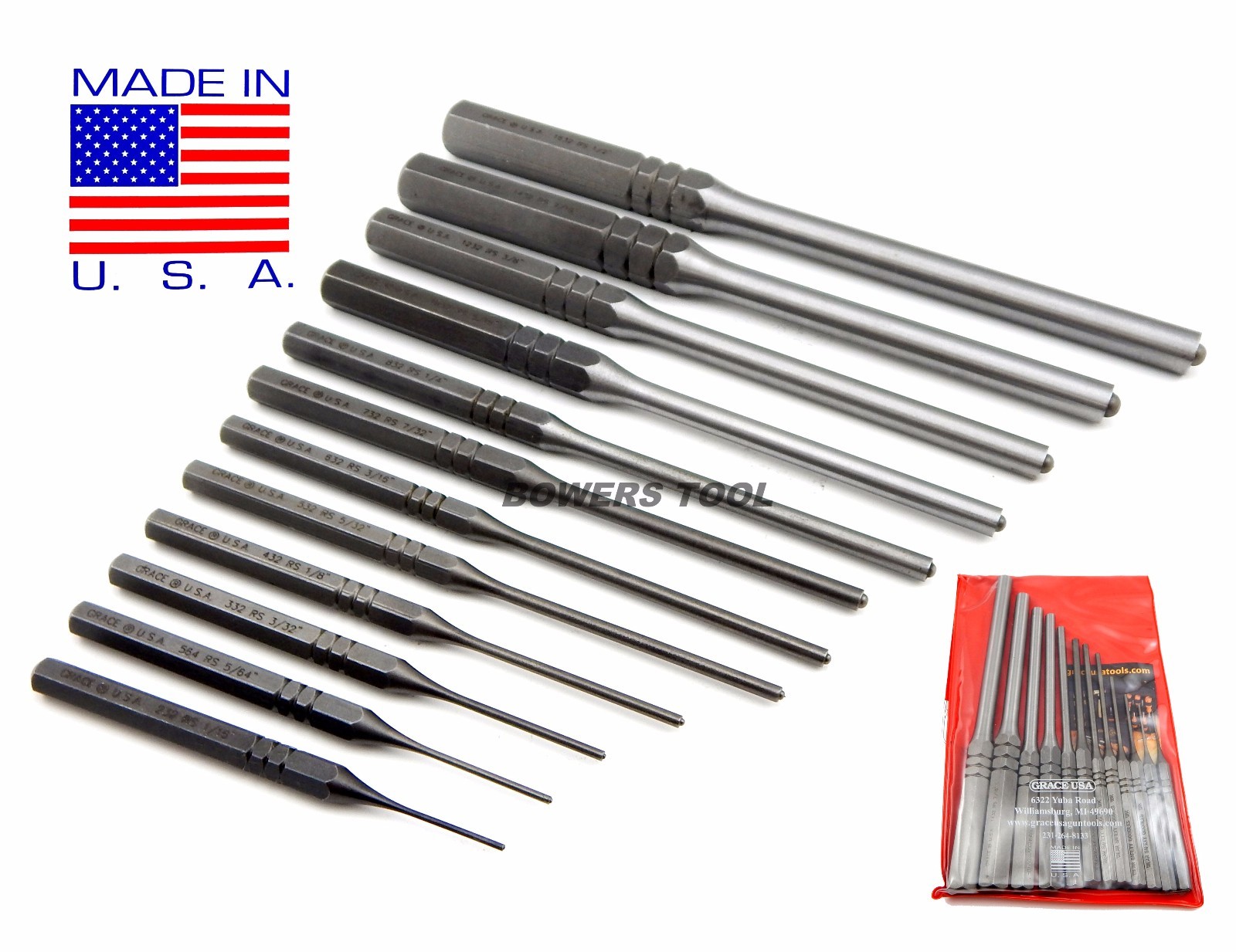 Grace 12pc Roll Pin Spring Punch Set 1/16-1/2" Gunsmith Machinist w Pouch USA