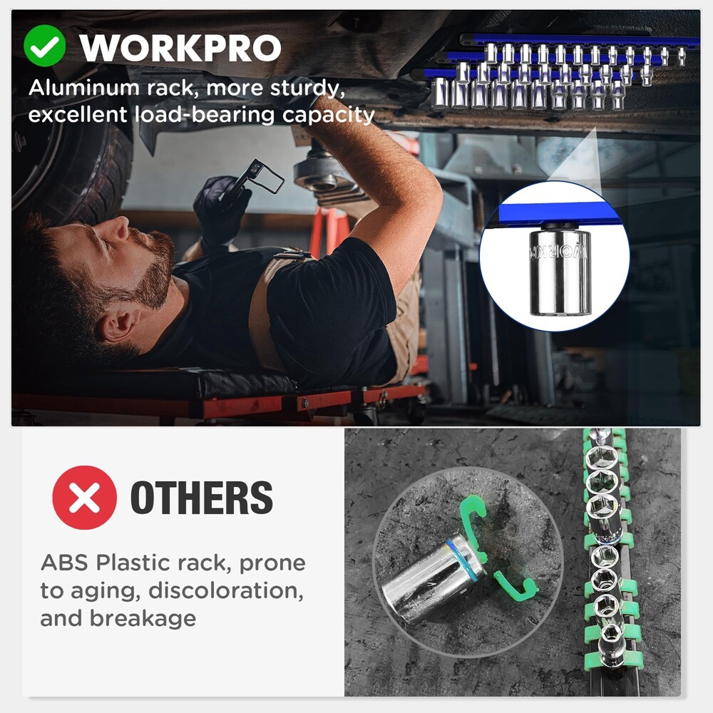 WORKPRO Magnetic Socket Organizer Sets 6-Piece Aluminum Alloy Socket Rail Holder