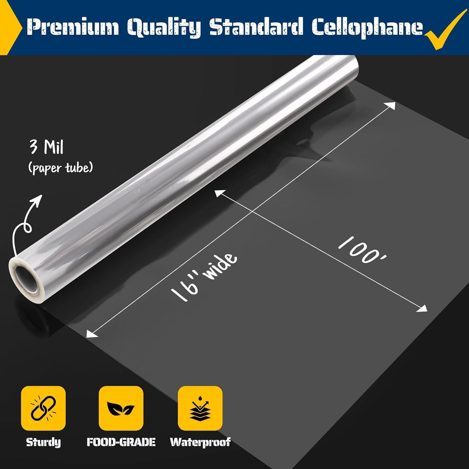 Clear Cellophane Wrap, 16" x 100' 3Mil Thick Cellophane Wrap Roll for Gift Baske