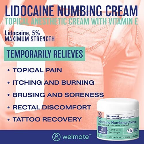 WELMATE Pain Relief, 5% Lidocaine Numbing Cream, 5.5oz