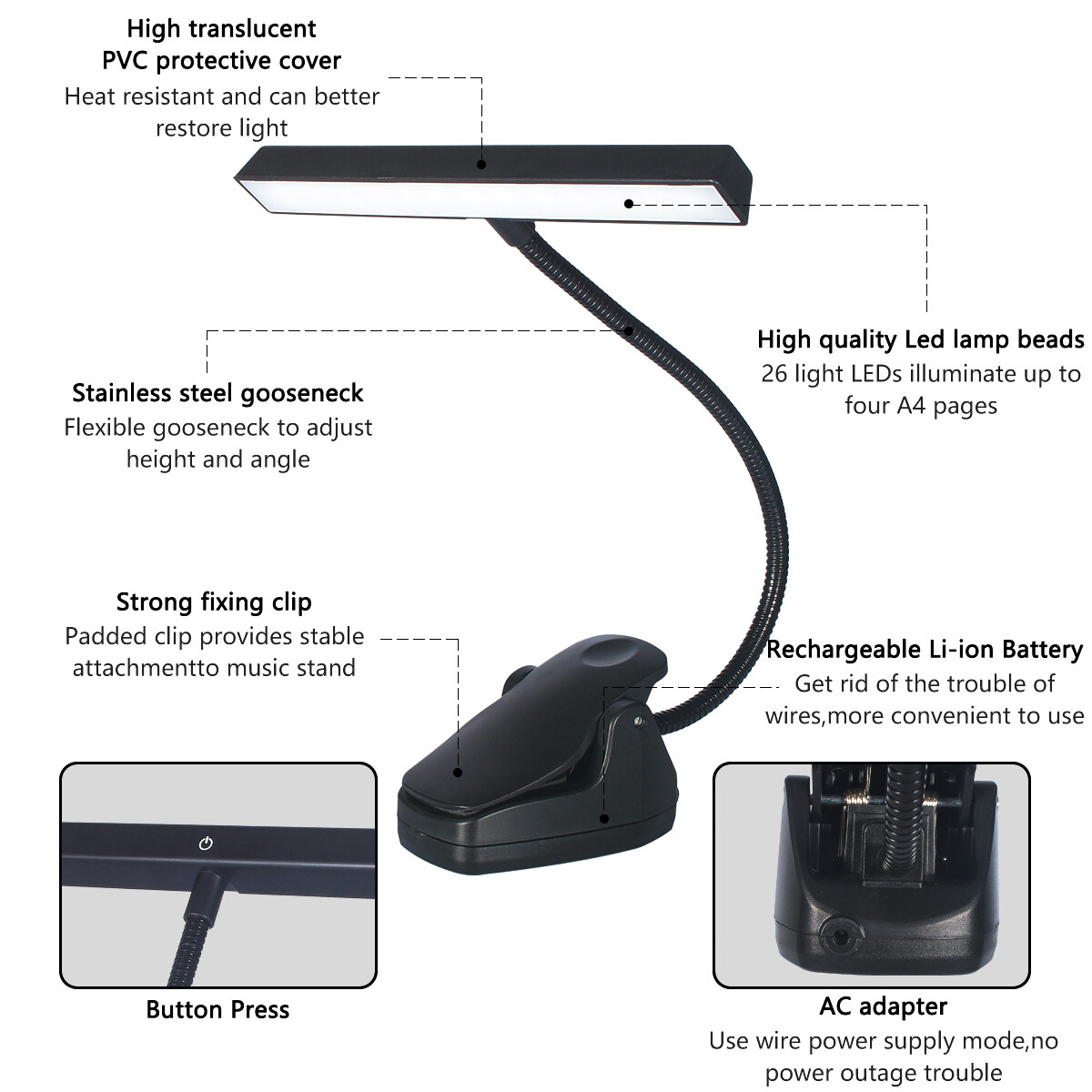 Rechargeable 26 LED Music Stand Light Clip-On Orchestra Light Book Lamp Musician