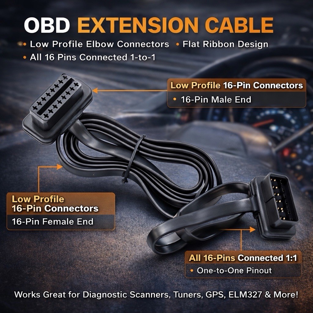 OBD2 16 Pin Male to Female Extension Cable Flat Ribbon Low Profile GPS Scanner