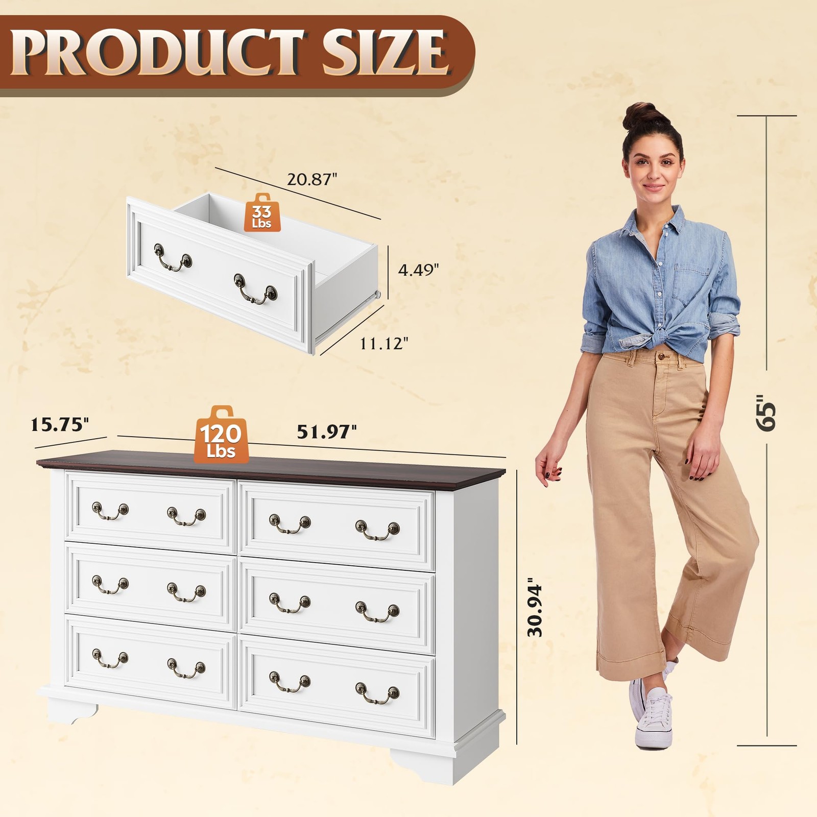 51.97'' Gavetero De Madera Blanca Con 6 Cajones Moderna Comoda Para Guardar Ropa