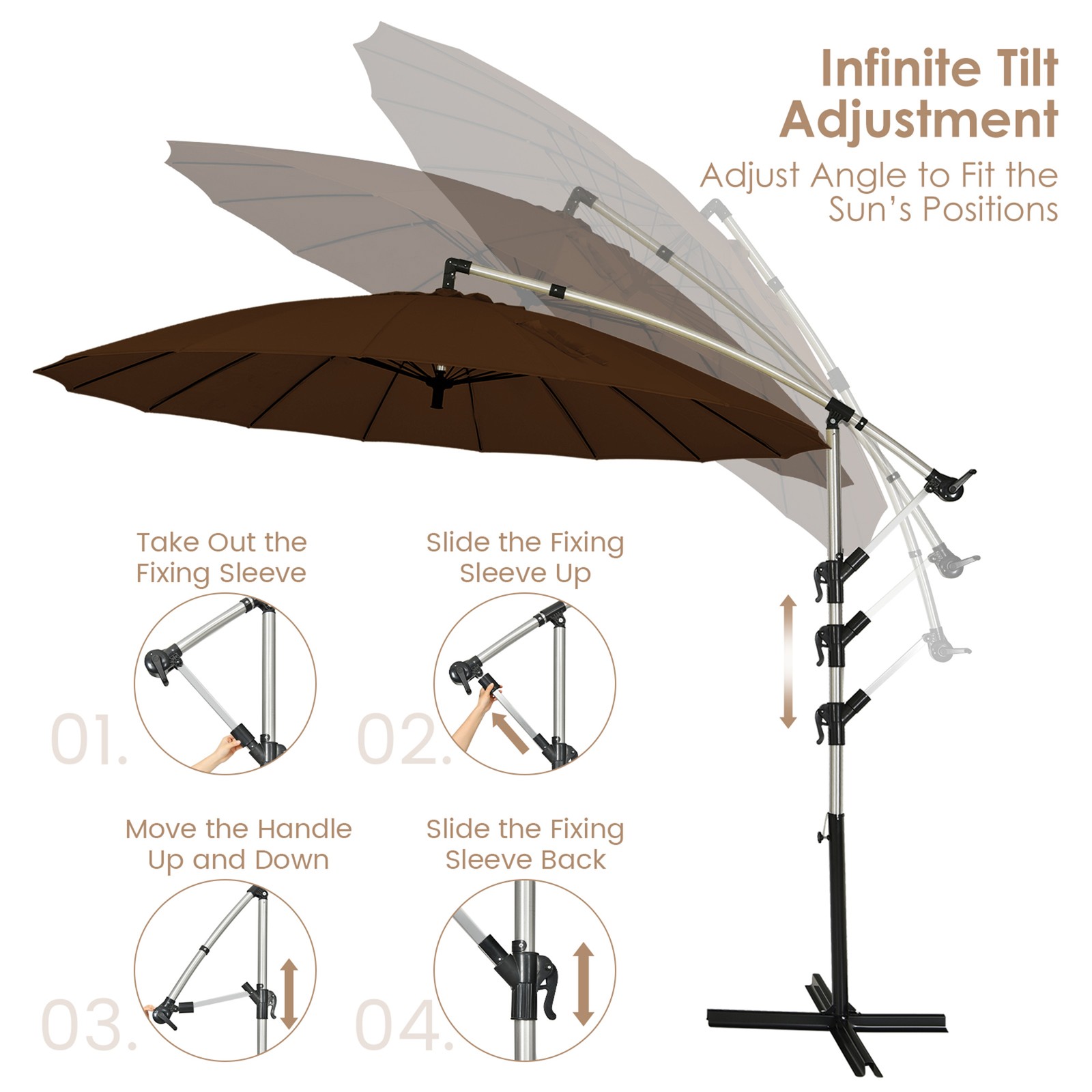 10FT Patio Offset Hanging Umbrella Cantilever Umbrella w/ Tilt Adjustment Tan