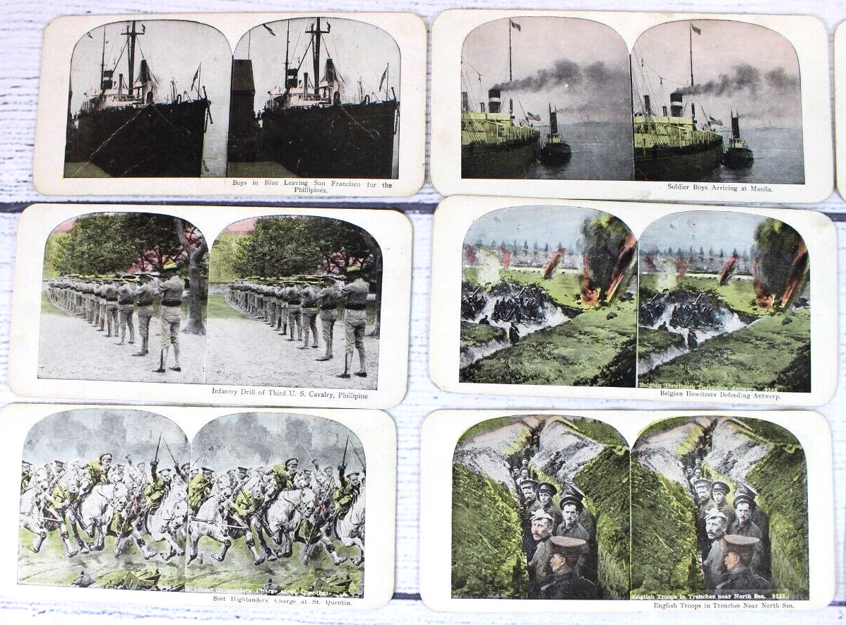 Lot of 27 WWI Stereoscopic 3D Cards Ships Cavalry Cannons Trenches War Scenes