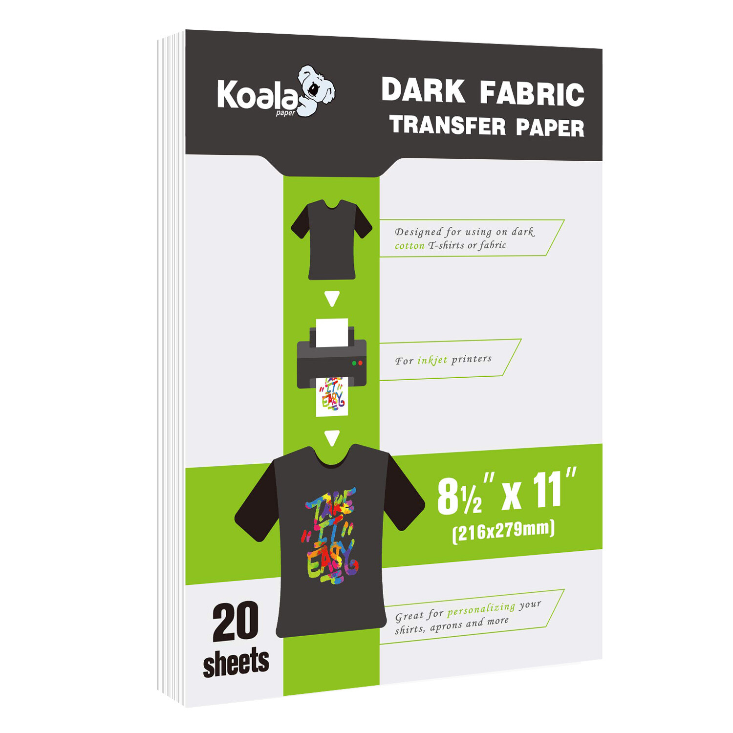 Koala Dark Fabric Iron-on Heat Transfer Paper 20 Sheets Printable HTV 8.5x11
