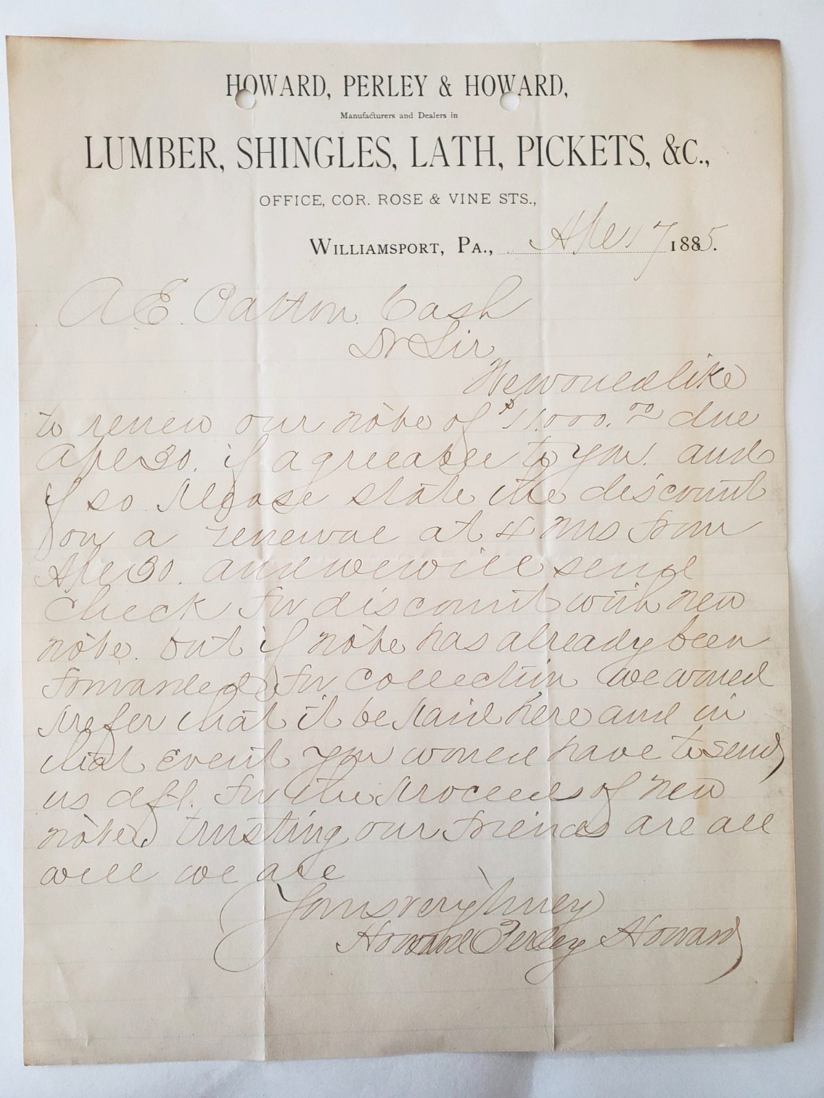 1885 Letter, Howard, Perley & Howard, Lumber, Shingles, Lath, Williamsport, PA