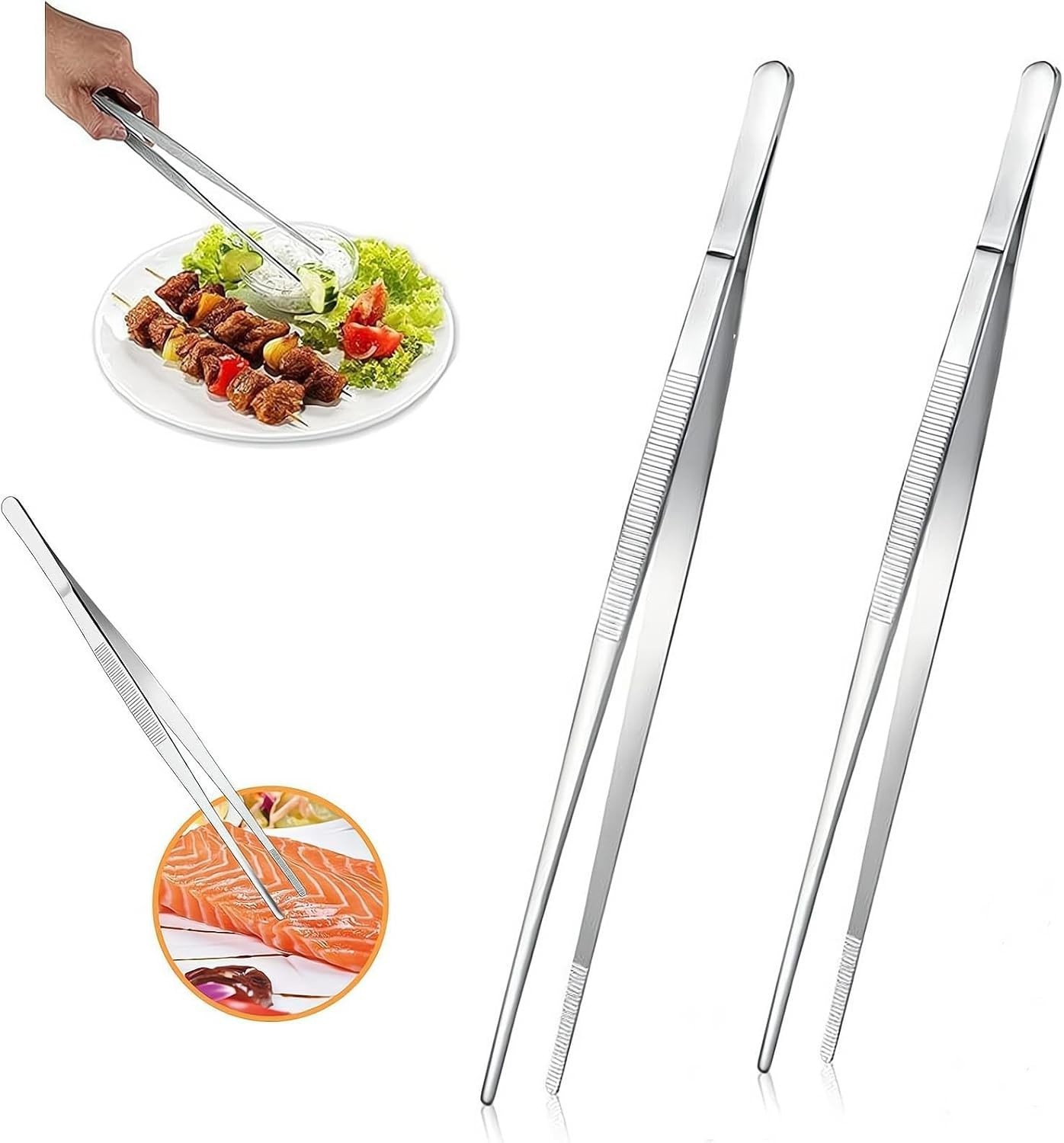 2Pcs Stainless Steel Kitchen Tweezers, 10-Inch Culinary Fine Tweezer Tongs Food.